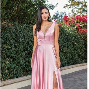 New A-Line Satin Bridesmaid Dress w/ Illusion Plunging Neck & V-Back DQ 4304A